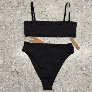 SKIMS Signature Swim Set Micro Bandeau Bikini Top and Mid Waist Bottom Onyx NWT